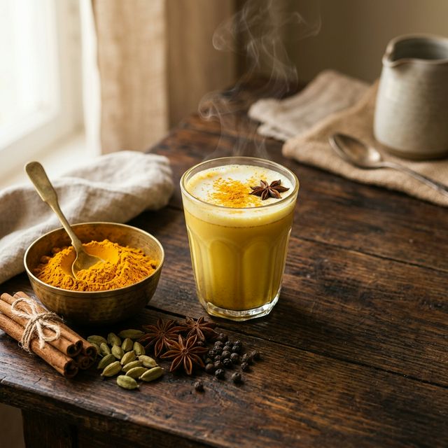 Indian spices artfully arranged with turmeric, cinnamon, cardamom and golden milk latte
